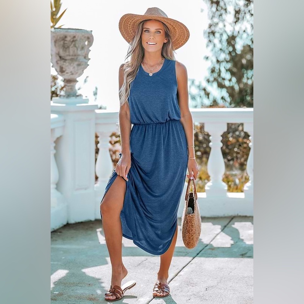 Blue Round Neck Sleeveless Jersey Maxi Dress